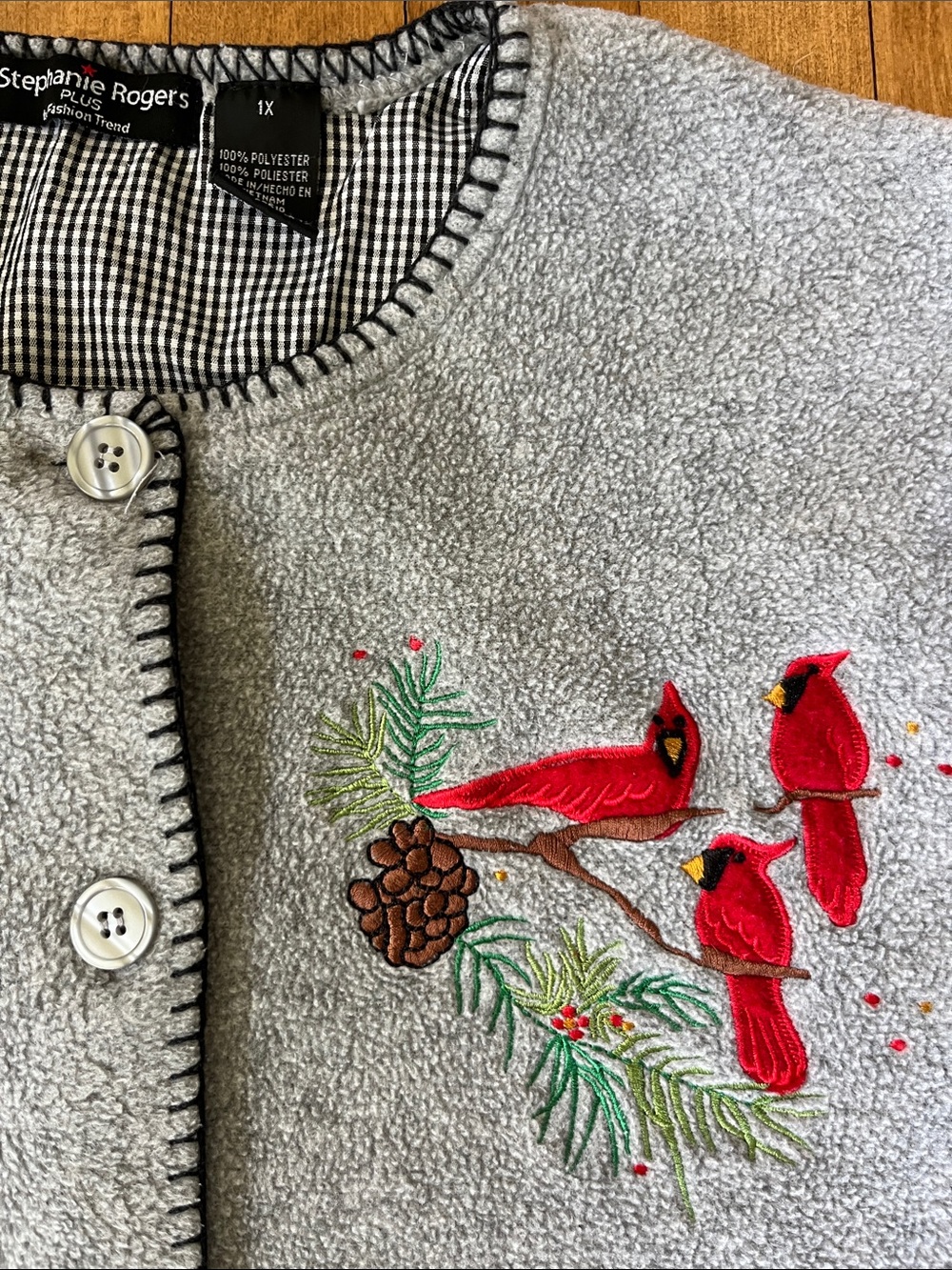 Gray Fleece Button Cardigan with Red Cardinals